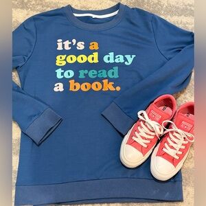 Blue Sweatshirt with Colorful Text Design